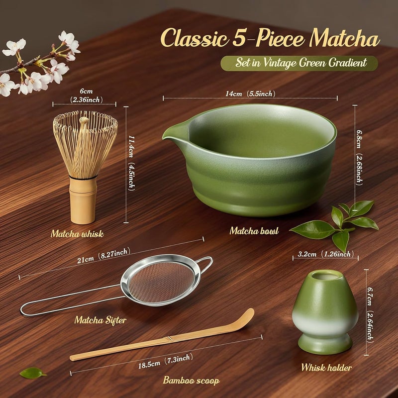 Possiave 5 Pcs Gradient Green Matcha Set - Ceramic Bowl, Bamboo Chasen, Holder, Scoop & Sifter for Tea Ceremony Enthusiasts, Matcha Whisk Set for Tea Lovers - Image 2